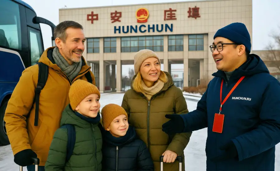 Российские туристы зимой на пункте пропуска Хуньчунь встречают китайского переводчика.