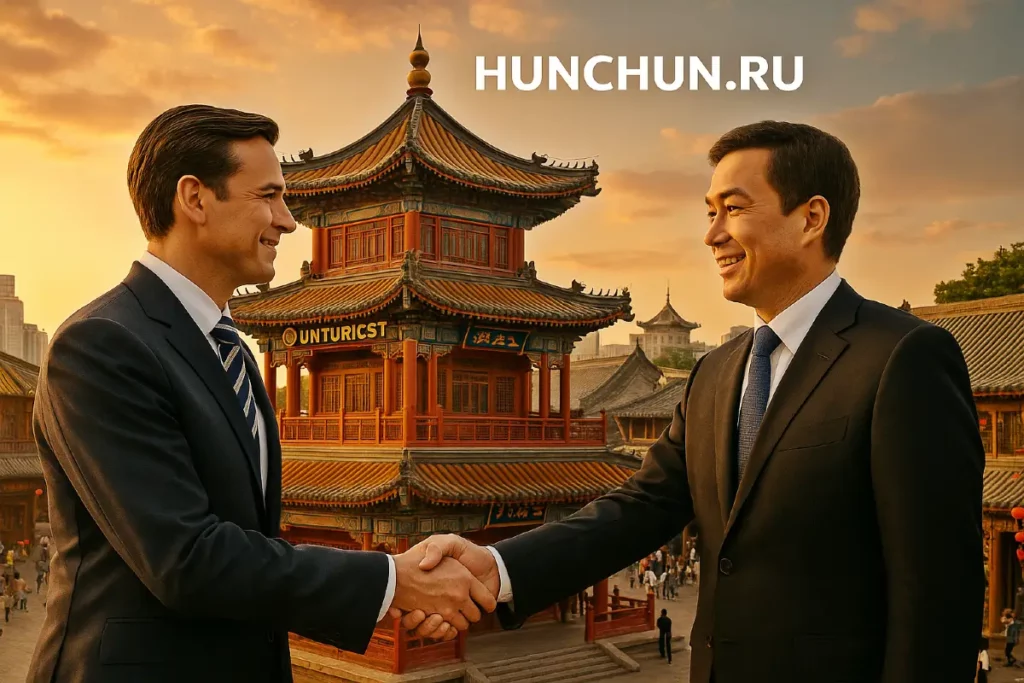 Рукопожатие русских и китайских партнёров на фоне современного города Хуньчунь, туры и медицина в Китае