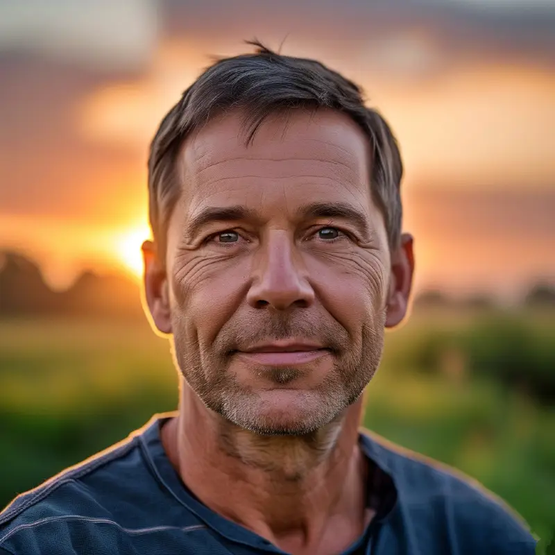 ужчина на фоне раннего утра с восходящим солнцем, улыбается, создавая ощущение спокойствия и тепла.