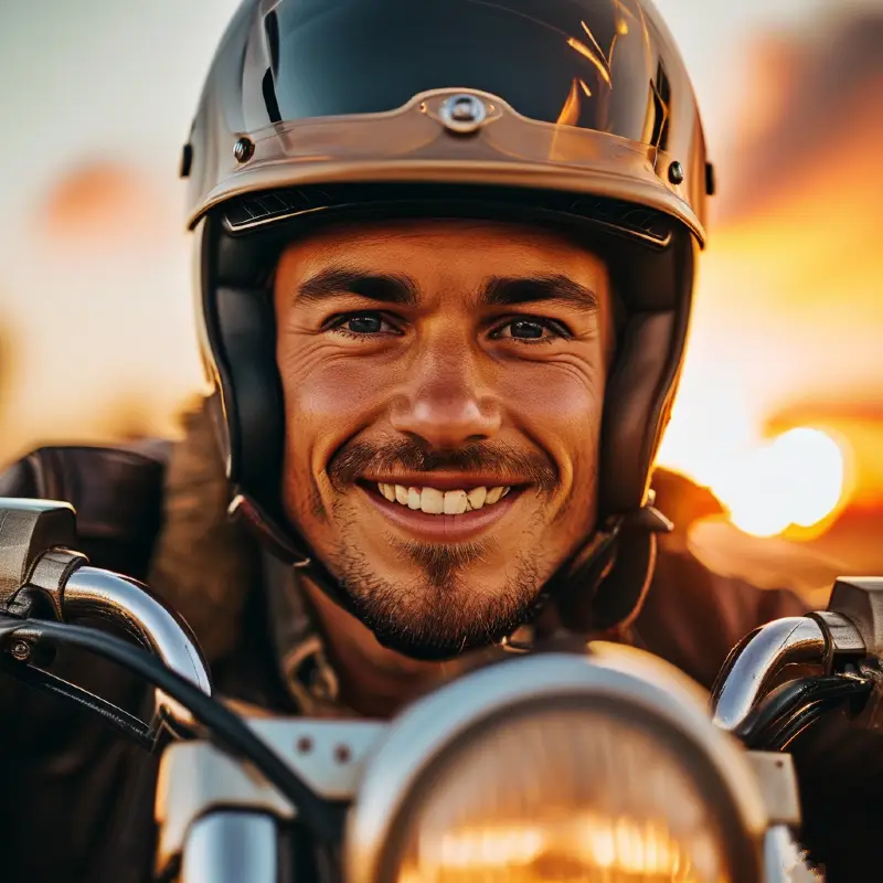 Парень на мотобайке, с широкой улыбкой, едет на фоне утреннего рассвета, наслаждаясь скоростью и свободой.