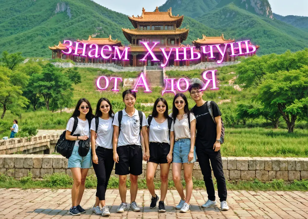 Группа молодых людей на фоне традиционного китайского здания