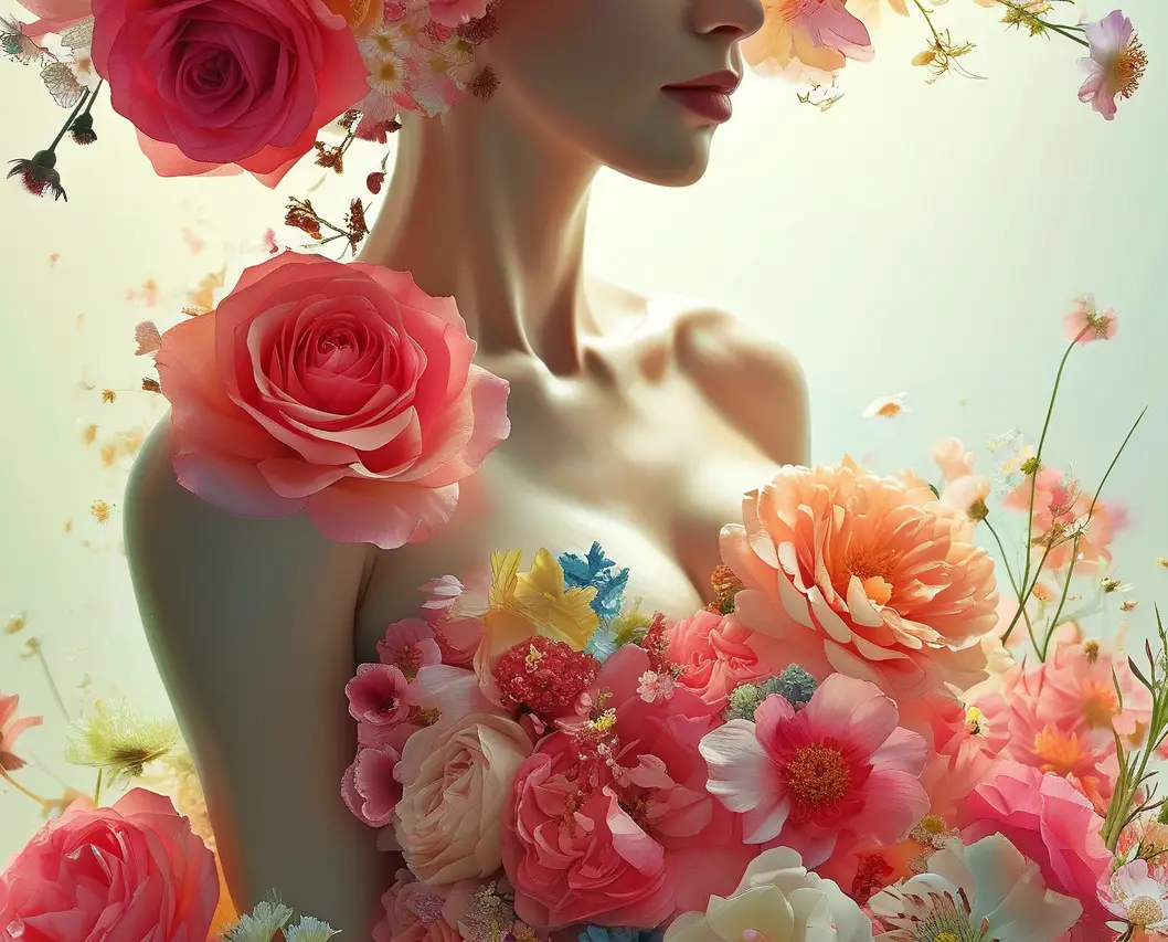 Женщина, украшенная яркими цветами, символизирует маммологию