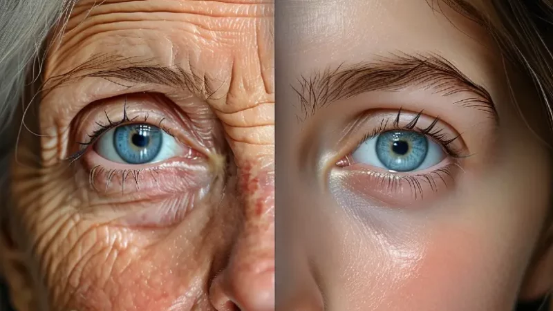 Сравнение глаз 50-летней и 18-летней женщины – до и после омоложения.