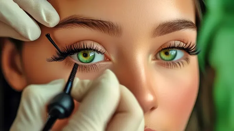 Наращивание ресниц в косметологии Хуньчуня, Китай – красивые зелёные глаза с длинными пушистыми ресницами.