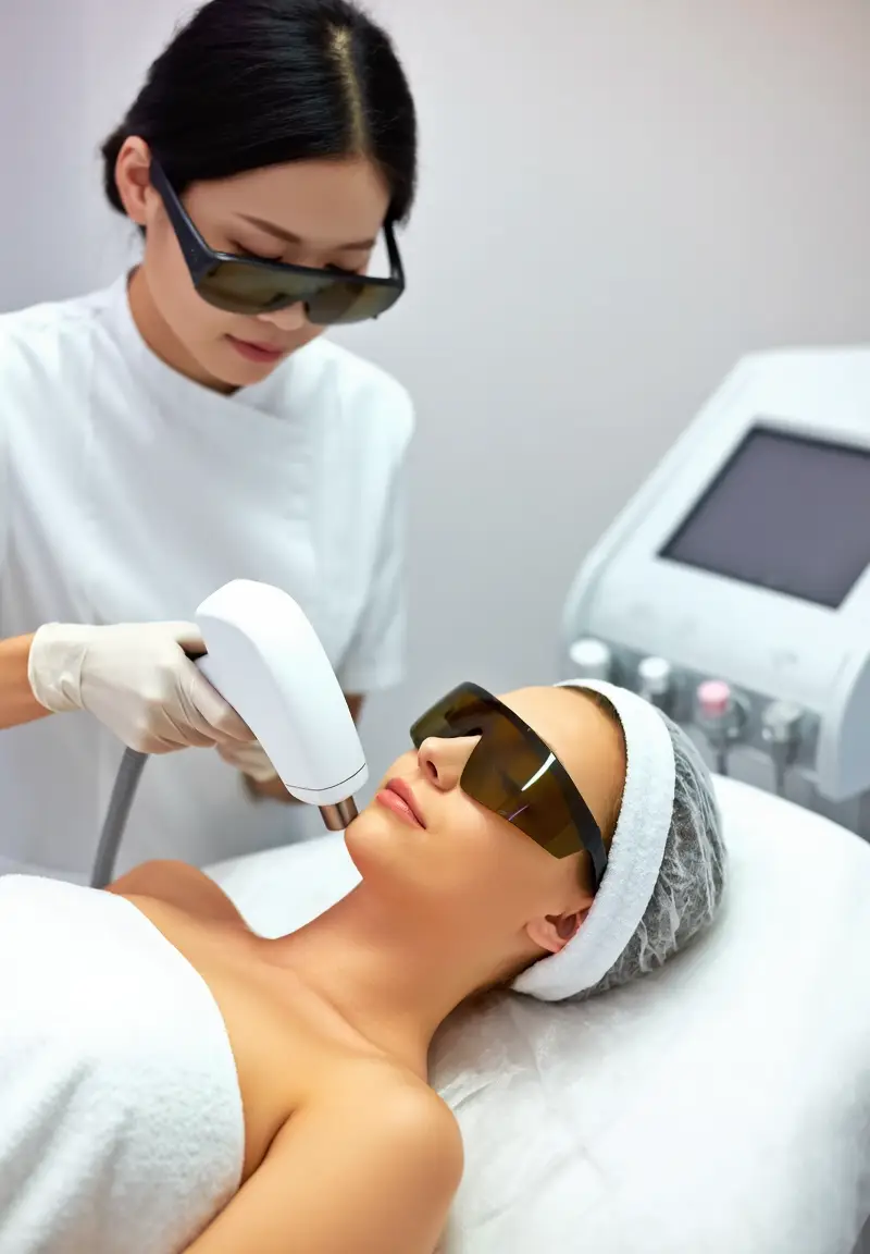 Лазерное омоложение в косметологическом центре Хуньчуня. Китайский специалист проводит процедуру IPL M22 для омоложения кожи.