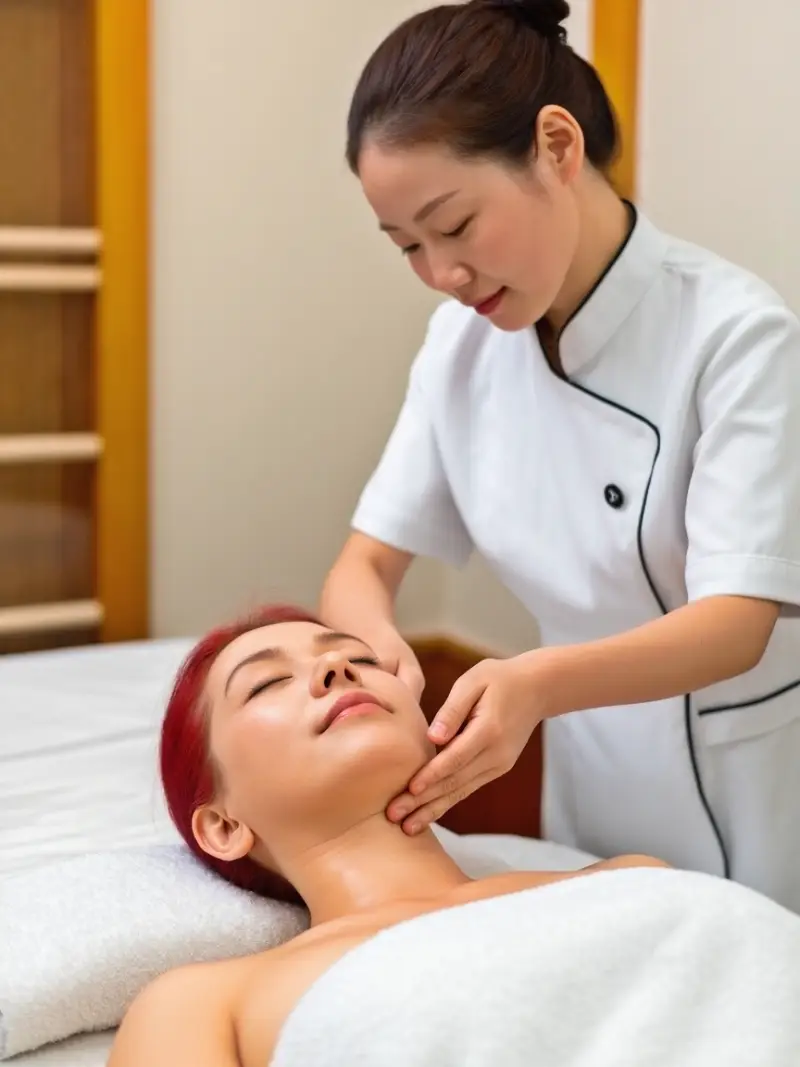 Антивозрастной массаж зоны декольте в спа-салоне Хуньчуня. Профессиональный китайский косметолог помогает коже выглядеть моложе.