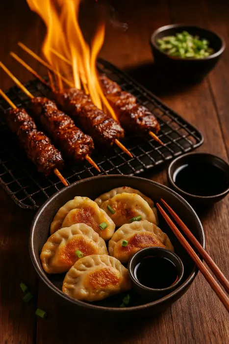 Китайские шашлычки на огне и жареные пельмени с соусом и зеленью