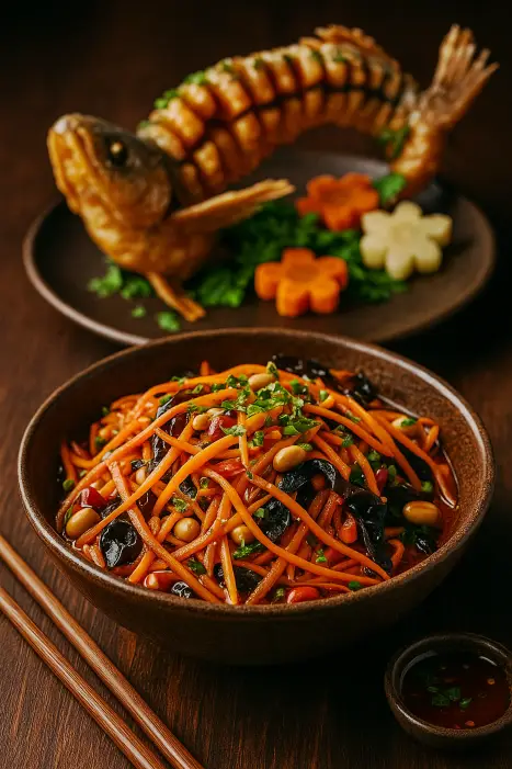 Харбинский салат и китайская жареная рыба с зеленью и морковными украшениями