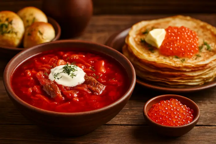 Борщ с блинами — русская кухня в Хуньчуне