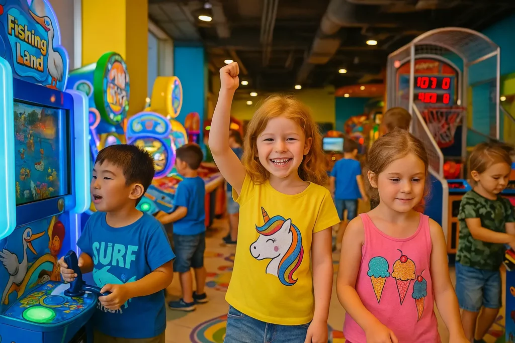 Дети играют в игровые автоматы в торговом центре Хуньчуня.