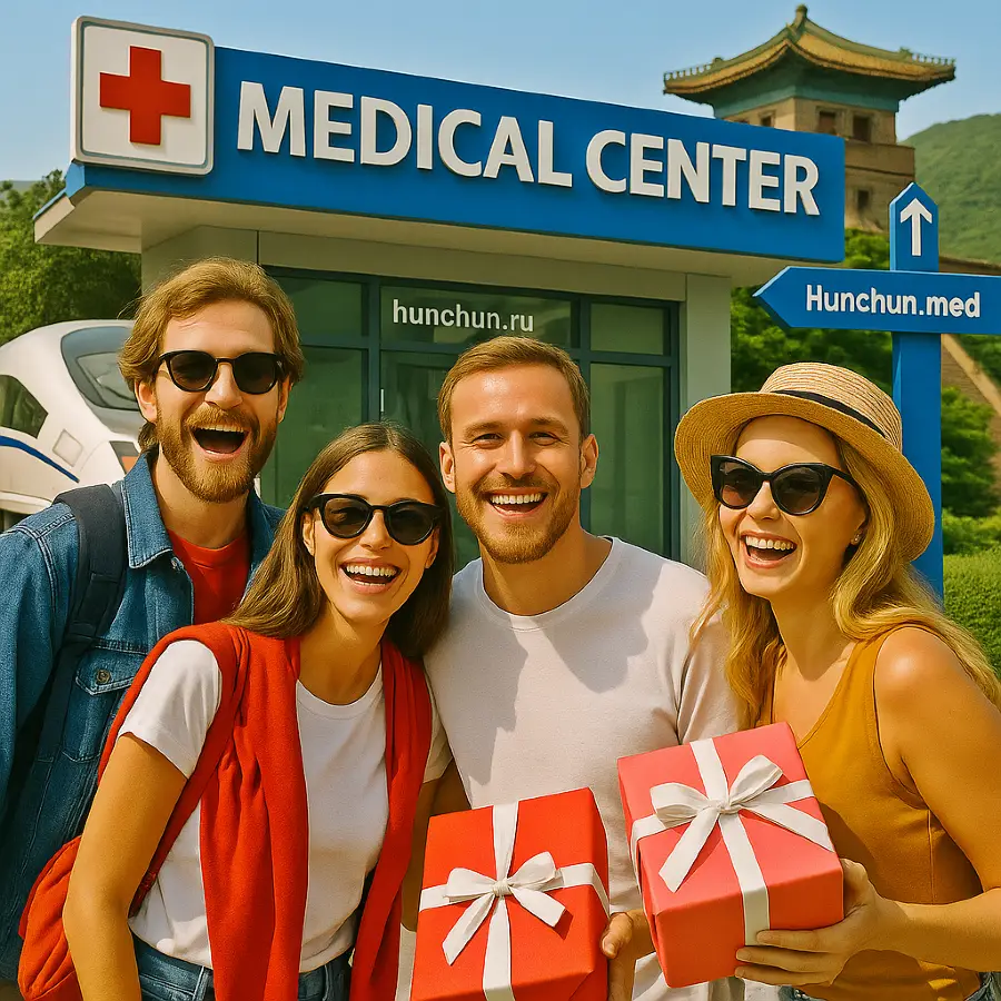 Группа друзей с подарками возле китайской клиники в Хуньчуне