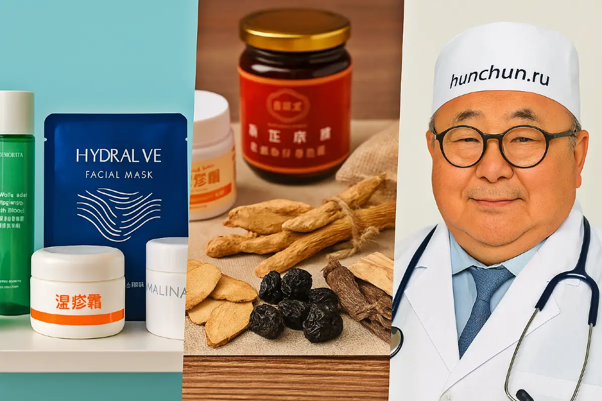 Коллаж с Доктором Ху и сценами из Хуньчуня — медицина, косметика, доставка