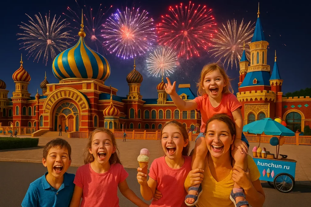 Семья с детьми радуется на фоне парка Восток в Хуньчуне