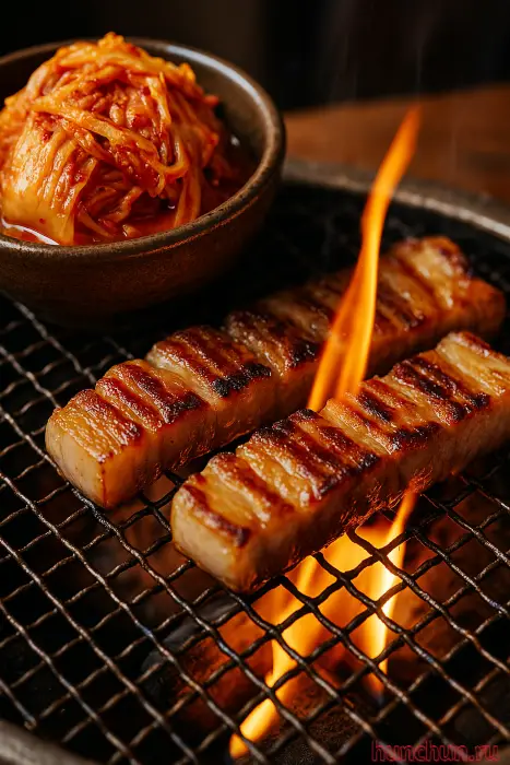 Жареный самгёпсаль и кимчи на огне в Хуньчуне