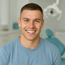 Сергей с белоснежной улыбкой после имплантации в стоматологии Хуньчуня