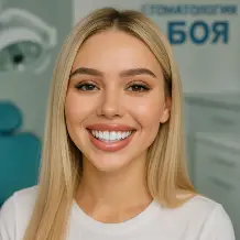 Вика с белоснежной улыбкой после установки циркониевых коронок в клинике БОЯ в Хуньчуне