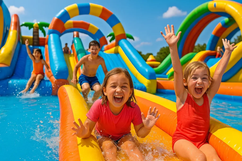 Дети катаются на надувных водных горках в аквапарке Хуалун в Хуньчуне