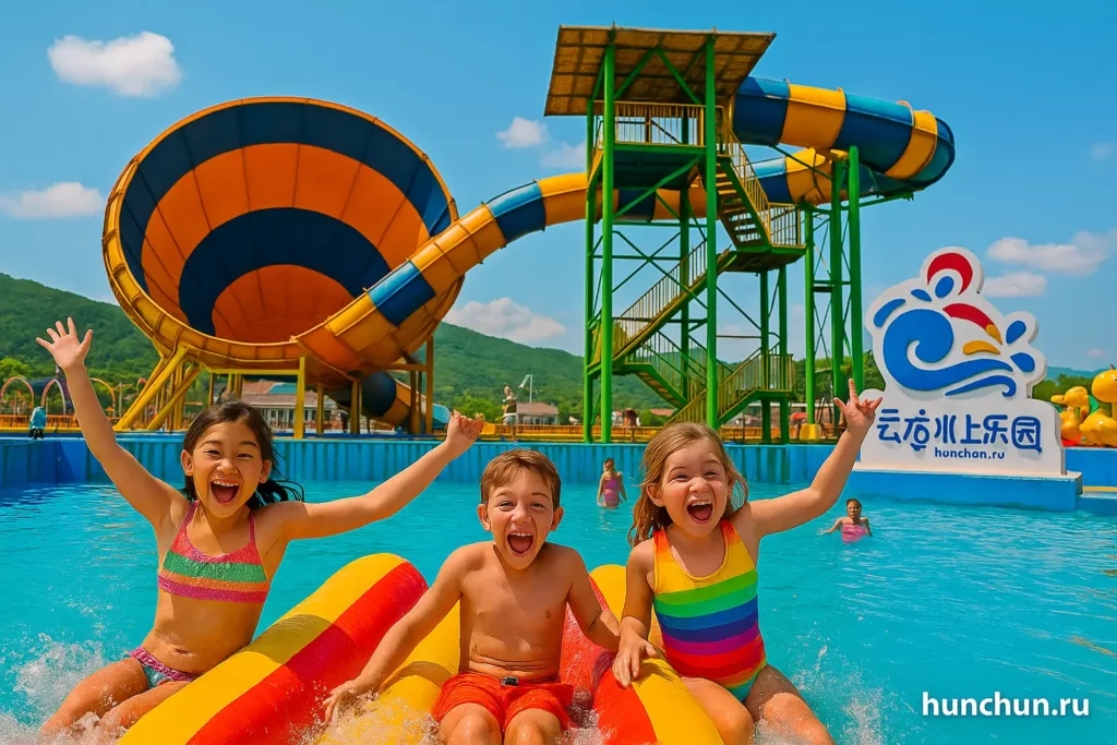 Дети катаются с горок в аквапарке Ялонг в Лунцзине, Китай