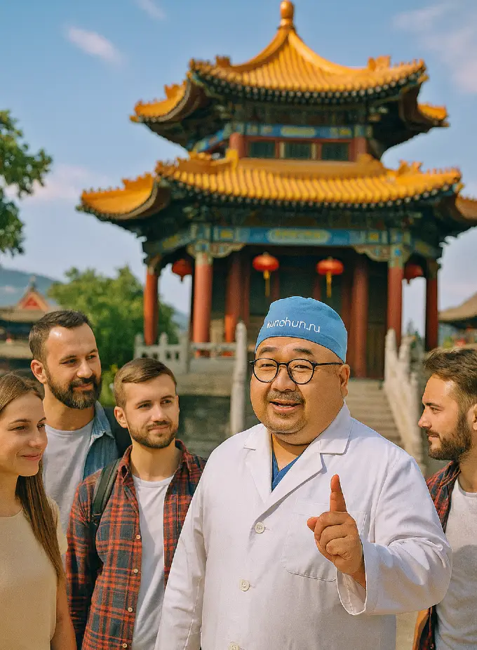 Доктор Ху рассказывает туристам у китайской пагоды в Хуньчуне о медицинских турах