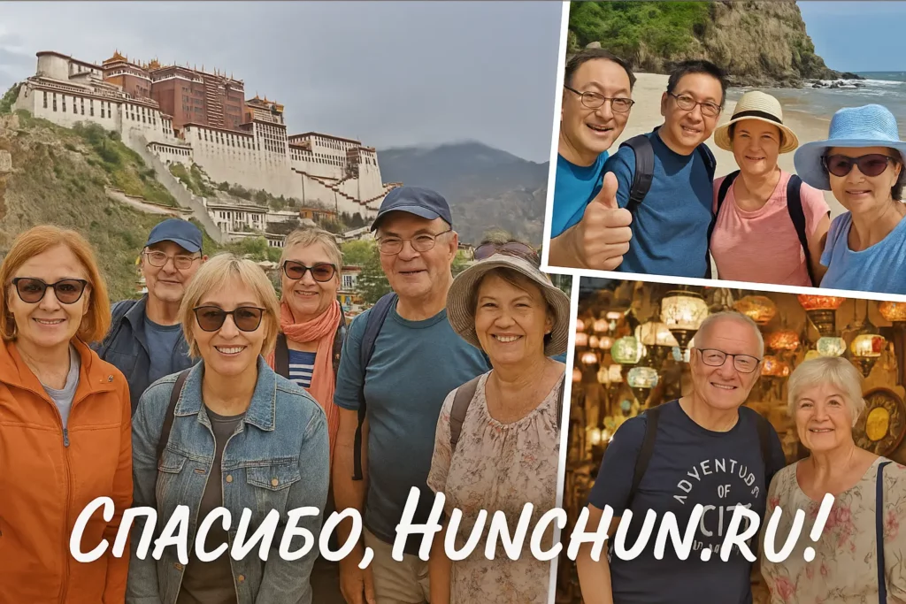 Коллаж: туристы в Хуньчуне на экскурсии и пациентка с врачами в клинике — спасибо, Hunchun.ru!