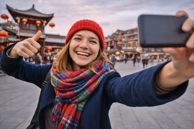 Марина Москва отзыв о туре в Китай Хуньчунь девушка делает селфи в китайском городе