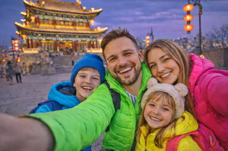Семья туристов в Китае на экскурсии, путешествие с детьми, туры в Китай из России