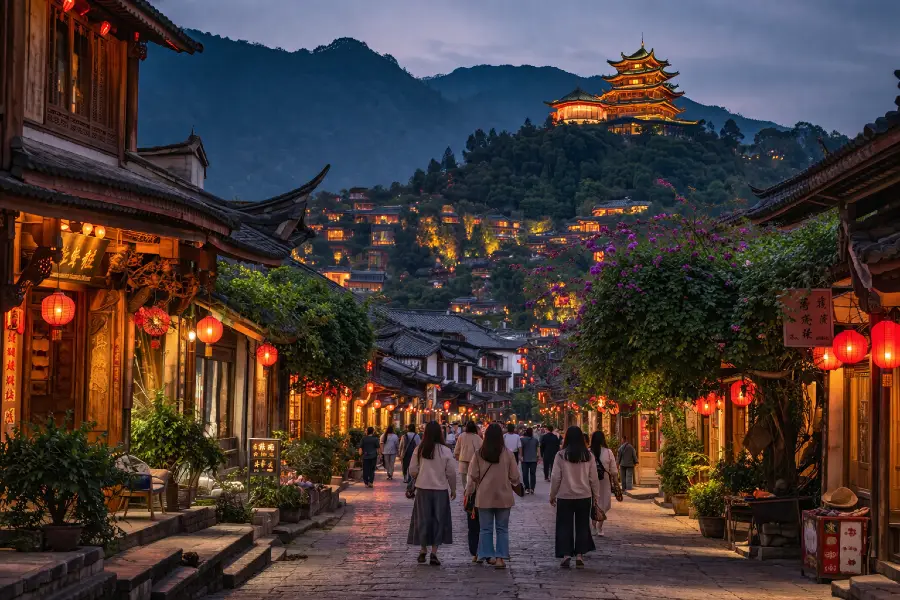 Атмосферная вечерняя улица в Китае с красными фонарями, горами и пагодой вдали