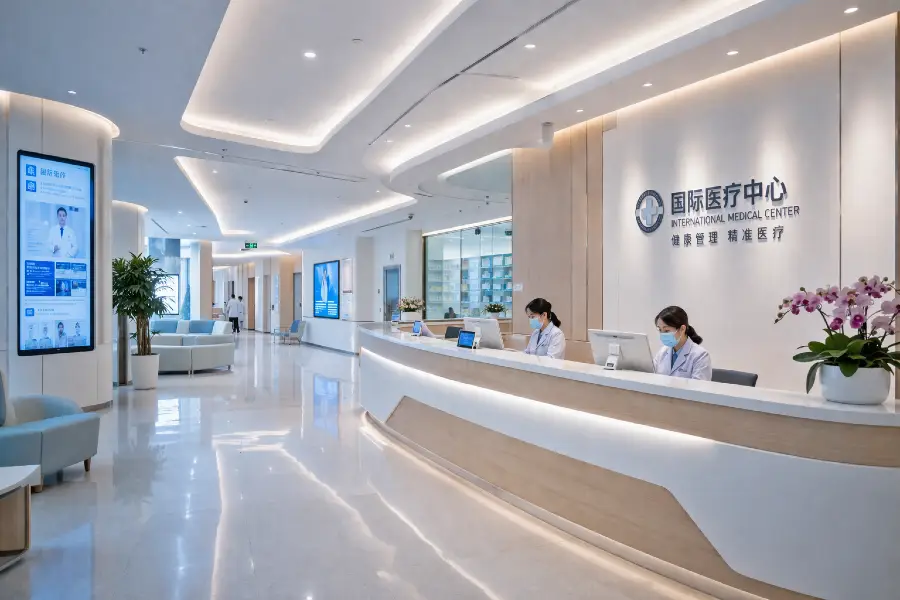 Современная клиника в Китае с чистым светлым интерьером, ресепшеном и медицинским персоналом