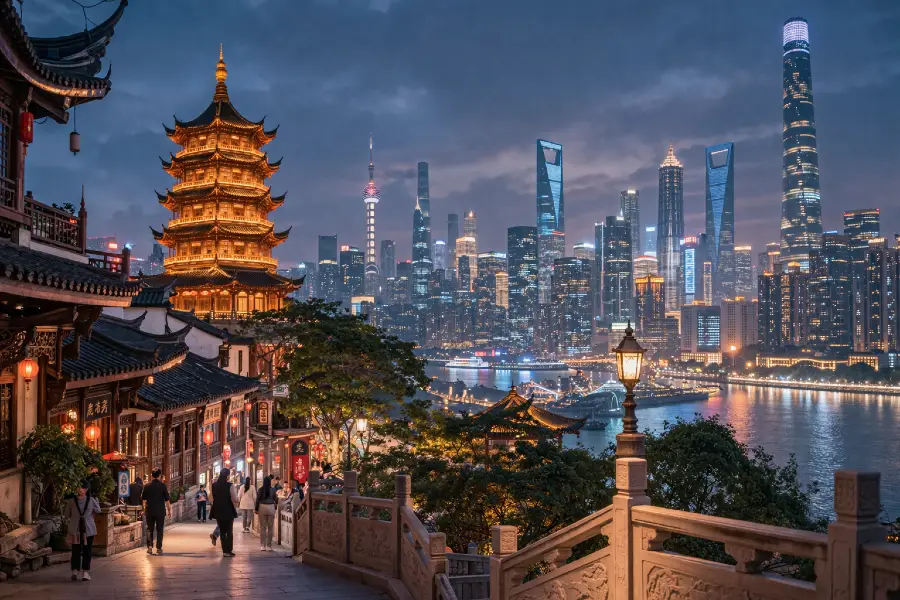 Старинная китайская архитектура на фоне современных небоскрёбов и вечернего города